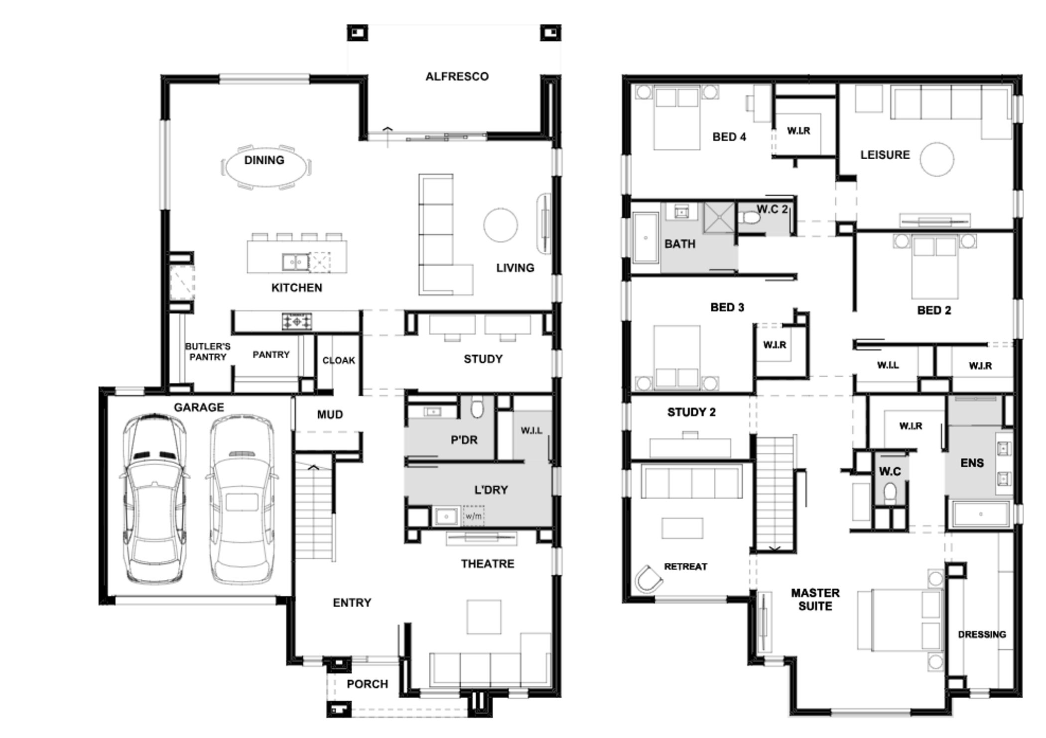 Supplied Grand Summit ground and upper floorplans showing double garage, theatre, study, pantry suite, mud room, laundry, living, dining, alfresco, four upstairs bedrooms, retreat, Study 2, leisure room, dressing room and bathrooms