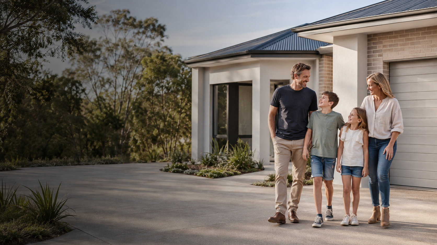 Australian family arriving at a contemporary home